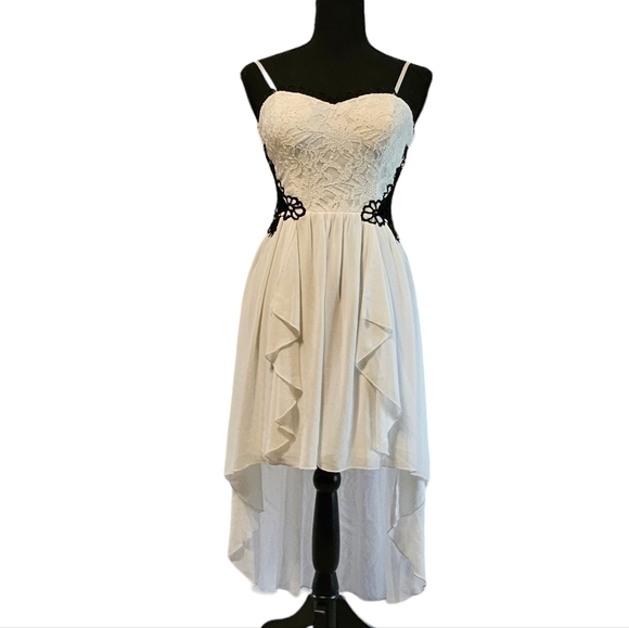 Jodi Kristopher Black White Lace Sheer Crochet Formal Asymmetrical Dress Sz 3 - Picture 1 of 16